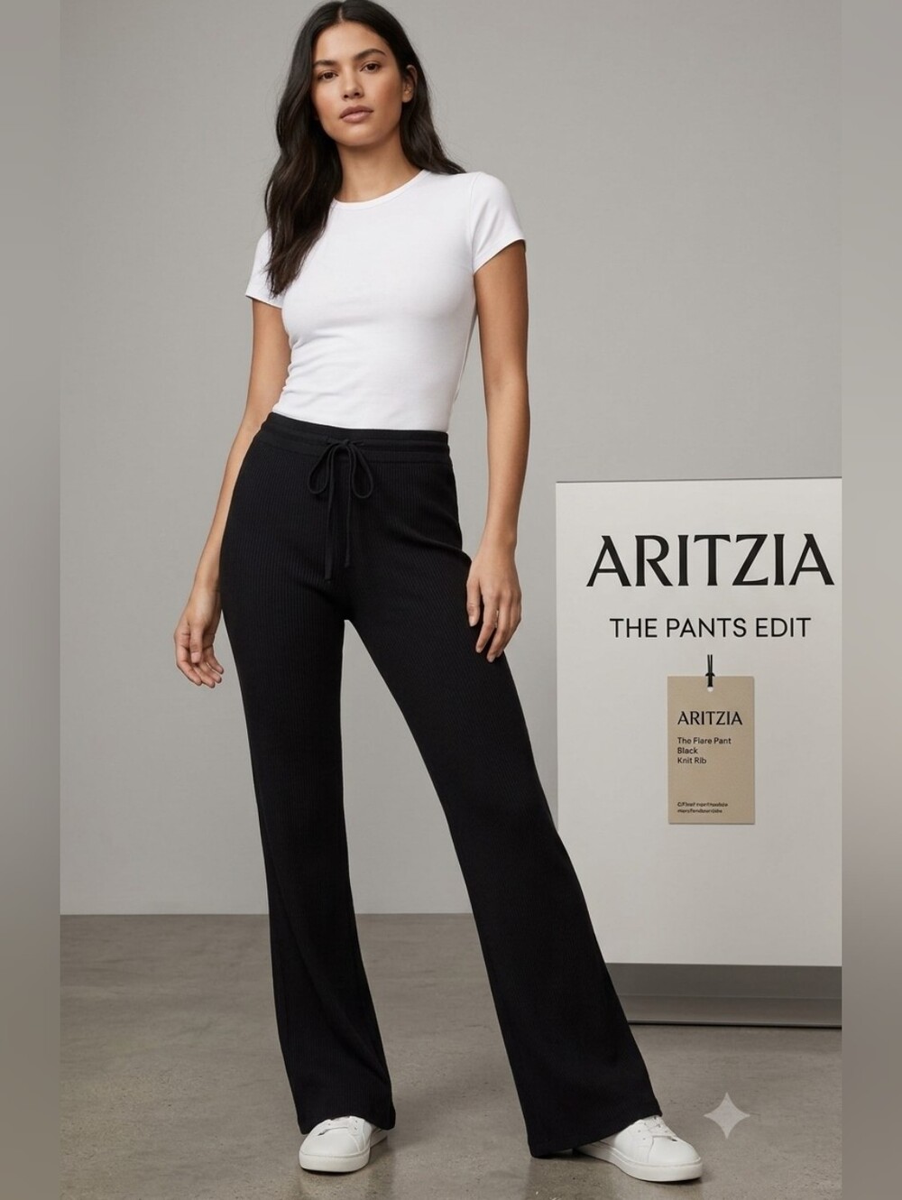 Aritzia Black Ribbed Drawstring Flare Pants
